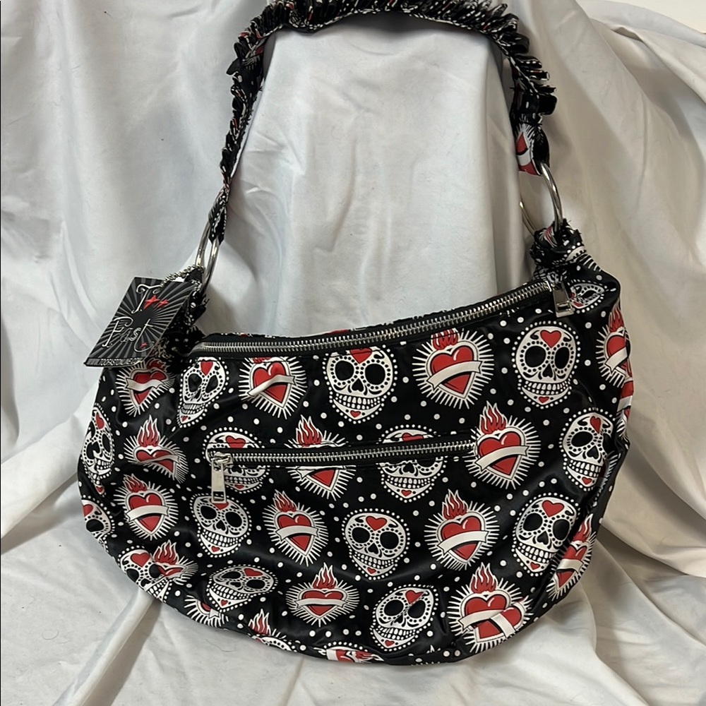 Too Fast Black and Red Sugar Skull and Heart Bag